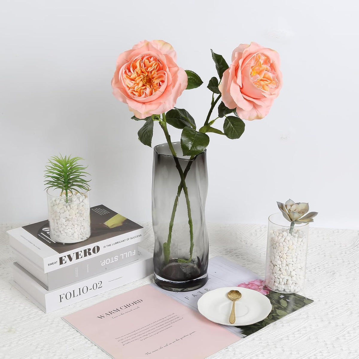 2Pcs Fake Austin Rose Peonies Flowers Real Touch Peach Roses with Stems 25.60'' Latex Peony Artificial Flowers for Home Decor Flower Arrangement Wedding Centerpieces Valentine's Day (Peach)