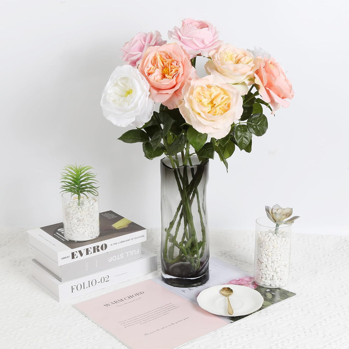 2Pcs Fake Austin Rose Peonies Flowers Real Touch Peach Roses with Stems 25.60'' Latex Peony Artificial Flowers for Home Decor Flower Arrangement Wedding Centerpieces Valentine's Day (Peach)