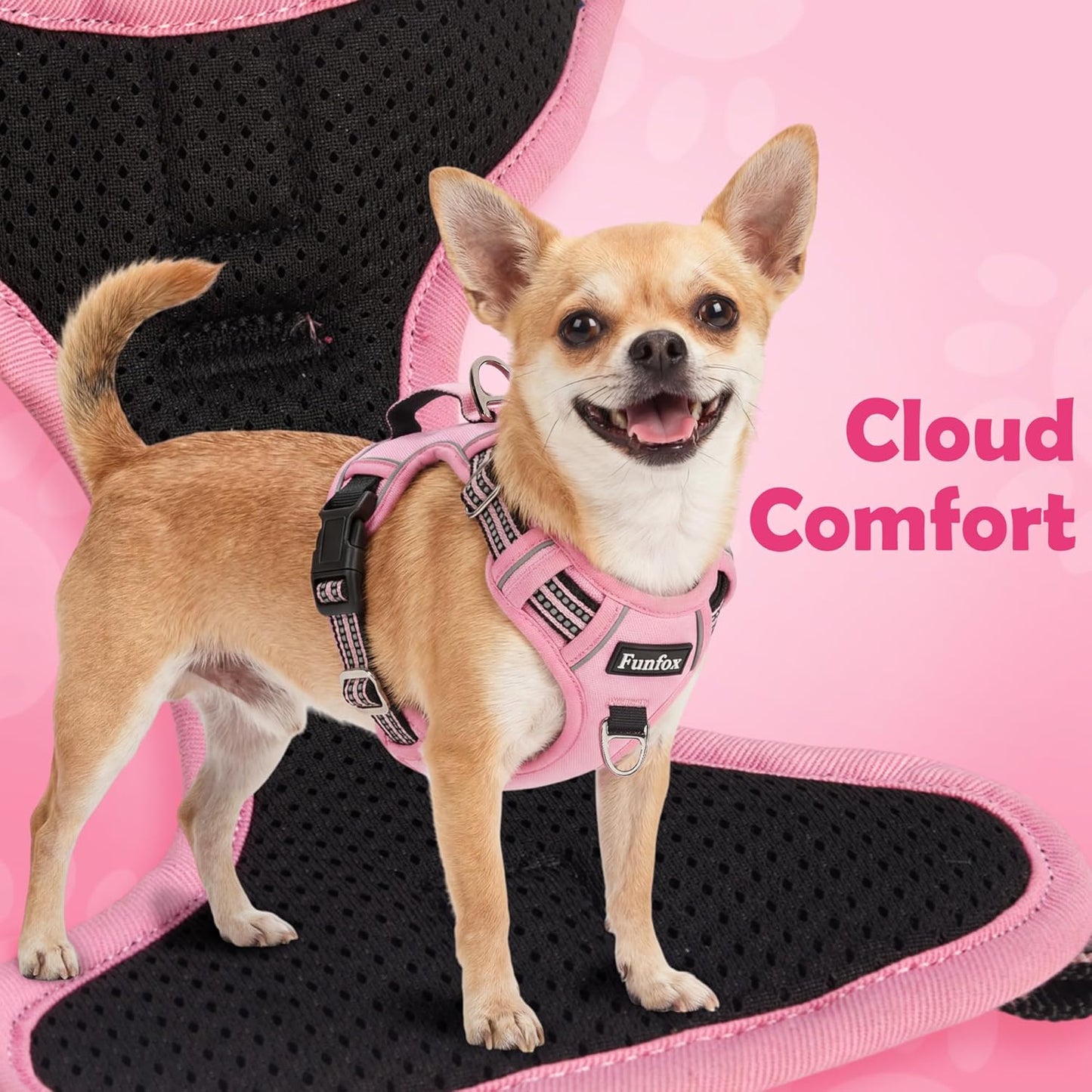 Funfox Dog Harness No Pull, Adjustable Pet Vest Harness, Super Soft Material with Vertical Handle Easy Control, Reflective Night Walking, 2 Leash Clips for Large Dogs, Pink, L