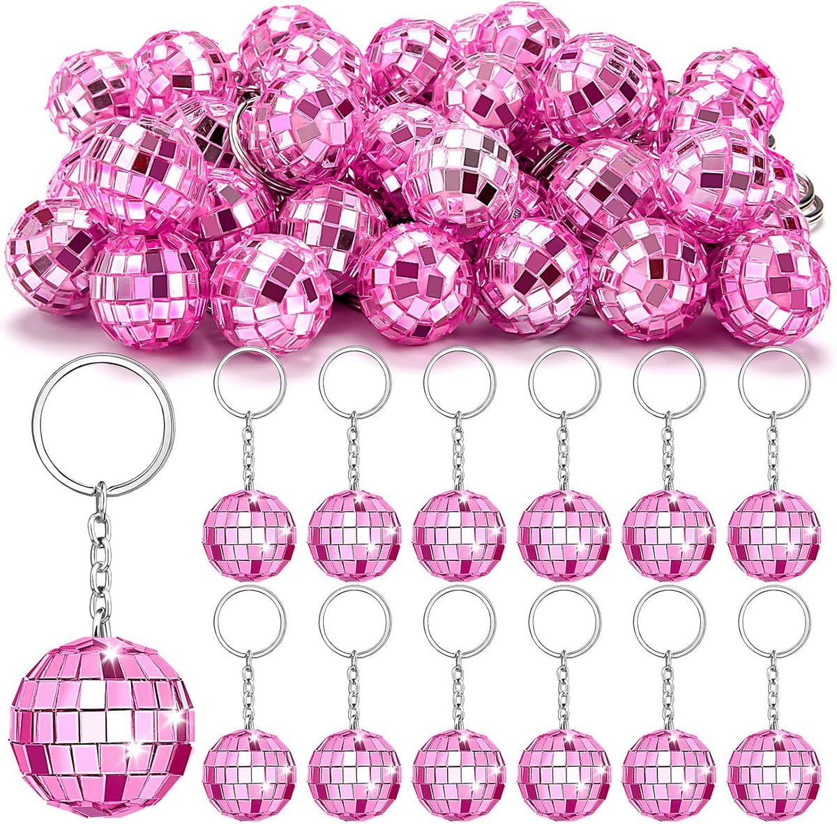 25Pcs Mini Pink Disco Ball Keychain Bulk