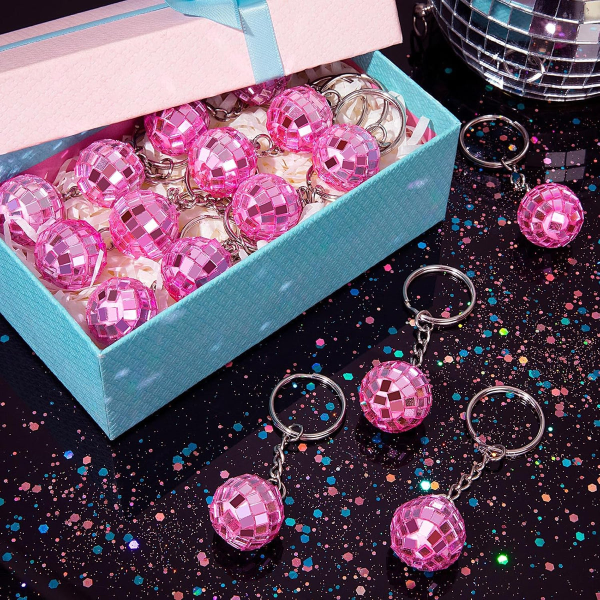 25Pcs Mini Pink Disco Ball Keychain Bulk