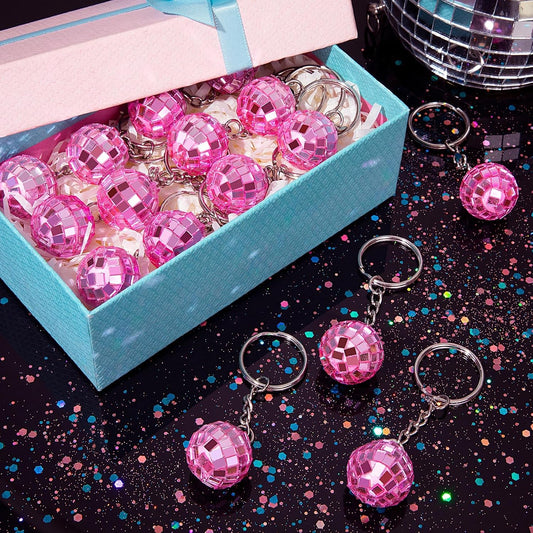 25Pcs Mini Pink Disco Ball Keychain Bulk