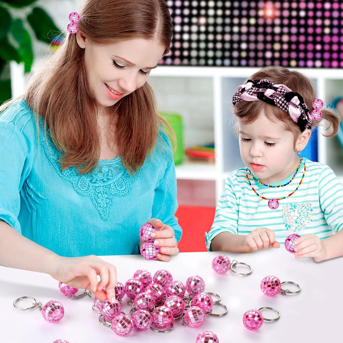 25Pcs Mini Pink Disco Ball Keychain Bulk