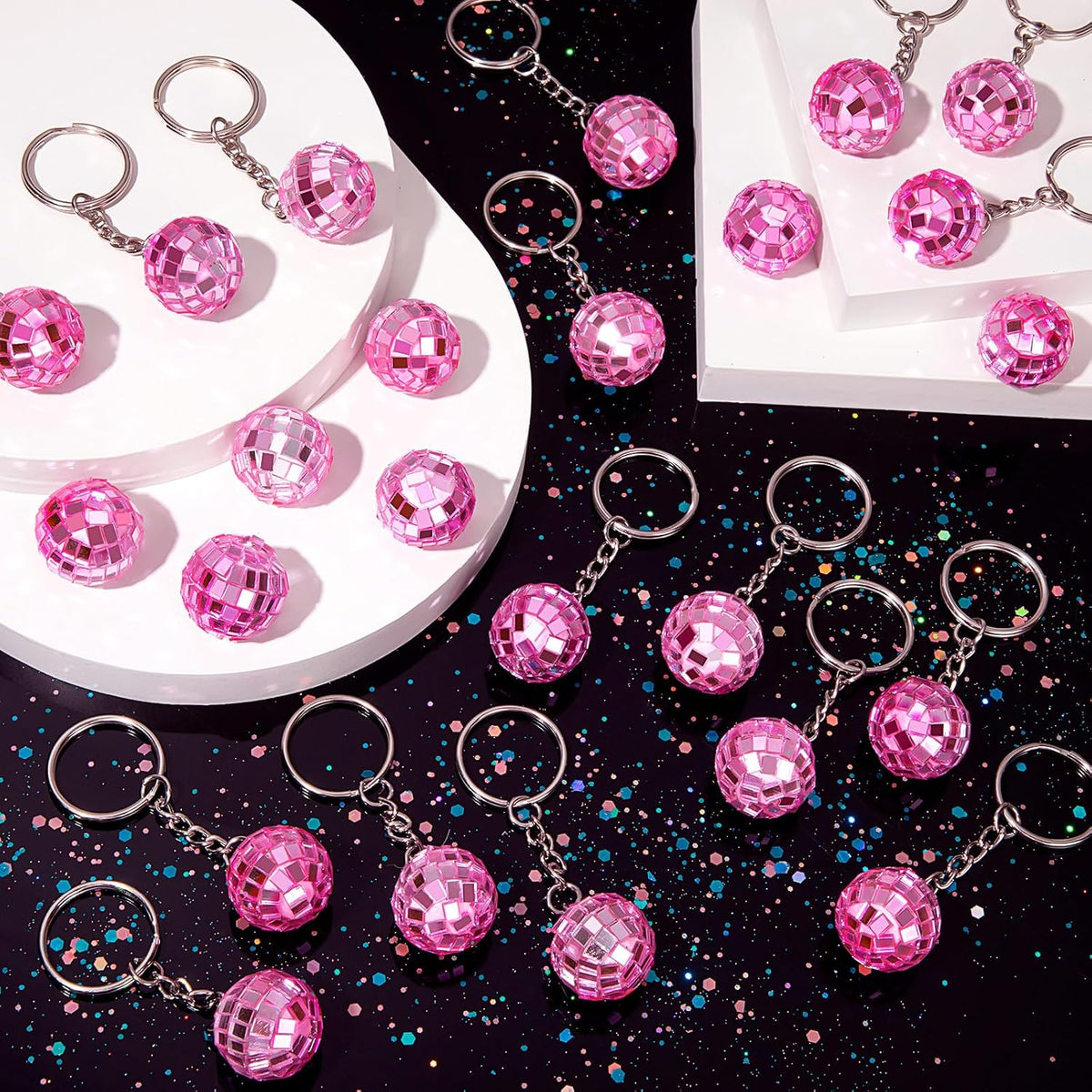 25Pcs Mini Pink Disco Ball Keychain Bulk