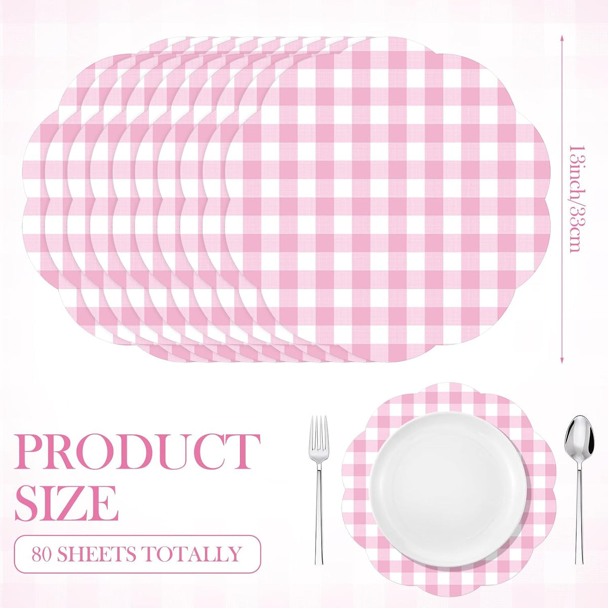 Pink 80 Pcs Gingham Paper Placemats Scalloped Disposable