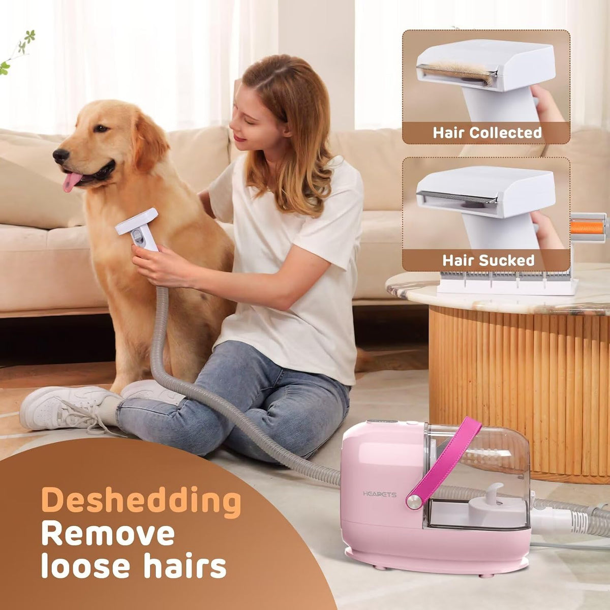 Dog Grooming Vacuum Kit - 3L Vacuum with 7 Tools, Low Noise Electric Clipper and Brush for Pet Shedding at Home, Pink