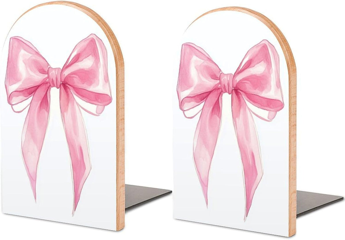 Pink Bow Wooden Bookends Shelves 2 PCS Simple Gouache Trendy Girl Sturdy Book Holders Desktop Organizer for Home Office Libraries