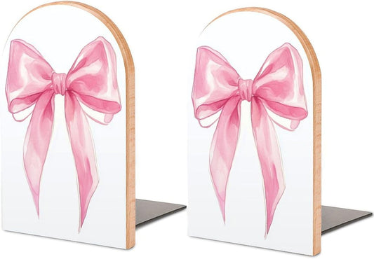 Pink Bow Wooden Bookends Shelves 2 PCS Simple Gouache Trendy Girl Sturdy Book Holders Desktop Organizer for Home Office Libraries