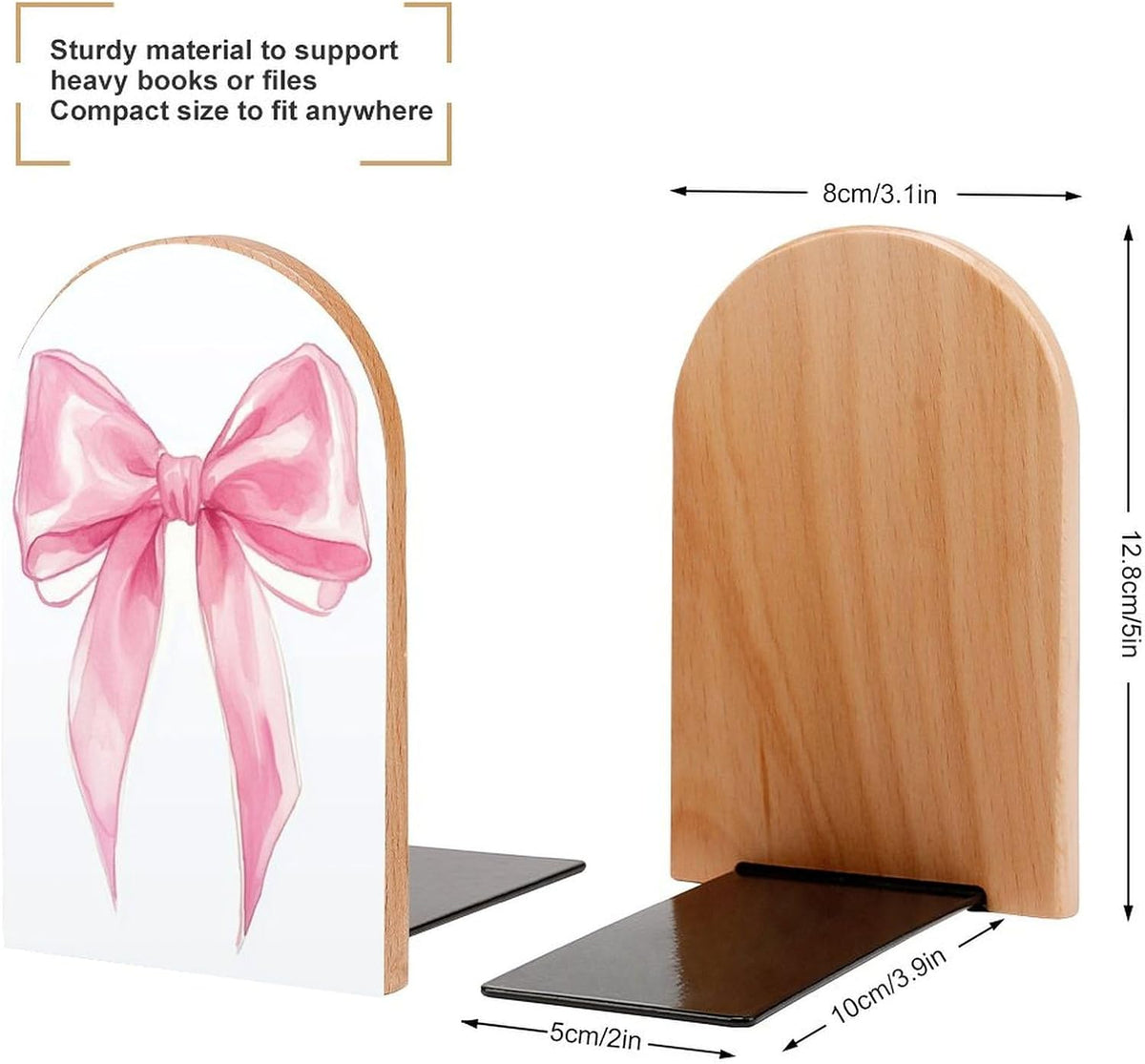 Pink Bow Wooden Bookends Shelves 2 PCS Simple Gouache Trendy Girl Sturdy Book Holders Desktop Organizer for Home Office Libraries