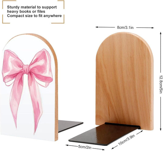 Pink Bow Wooden Bookends Shelves 2 PCS Simple Gouache Trendy Girl Sturdy Book Holders Desktop Organizer for Home Office Libraries