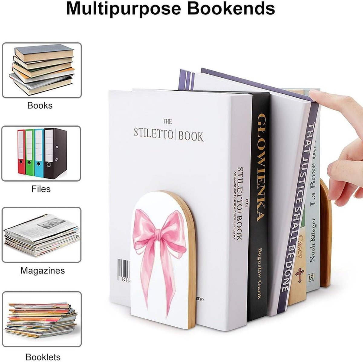 Pink Bow Wooden Bookends Shelves 2 PCS Simple Gouache Trendy Girl Sturdy Book Holders Desktop Organizer for Home Office Libraries