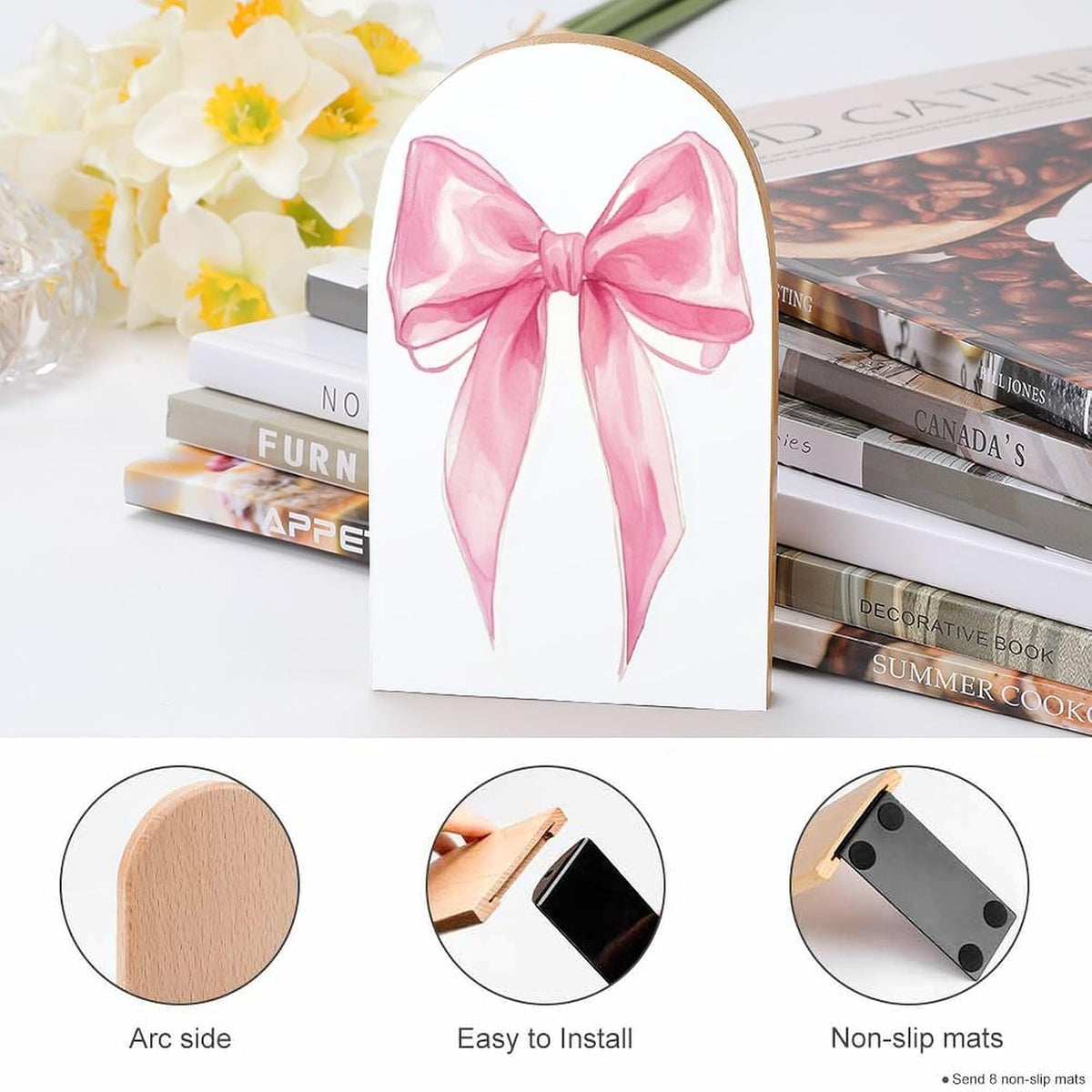 Pink Bow Wooden Bookends Shelves 2 PCS Simple Gouache Trendy Girl Sturdy Book Holders Desktop Organizer for Home Office Libraries
