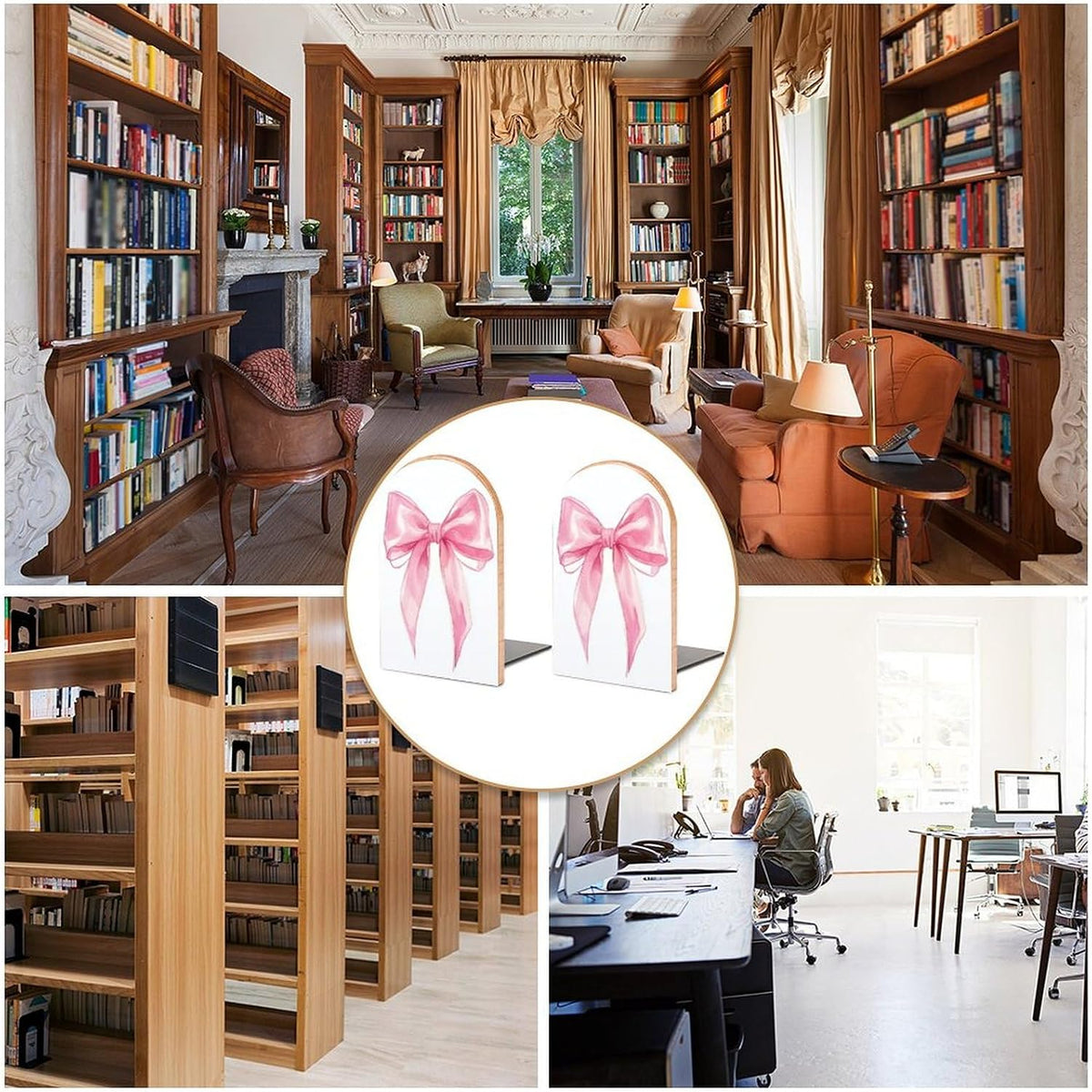 Pink Bow Wooden Bookends Shelves 2 PCS Simple Gouache Trendy Girl Sturdy Book Holders Desktop Organizer for Home Office Libraries