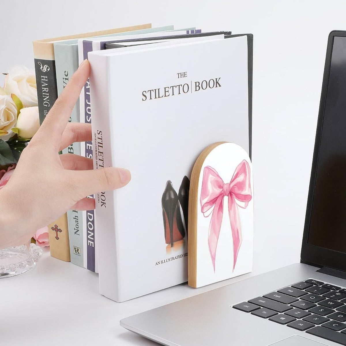 Pink Bow Wooden Bookends Shelves 2 PCS Simple Gouache Trendy Girl Sturdy Book Holders Desktop Organizer for Home Office Libraries