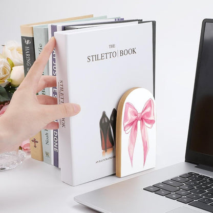 Pink Bow Wooden Bookends Shelves 2 PCS Simple Gouache Trendy Girl Sturdy Book Holders Desktop Organizer for Home Office Libraries