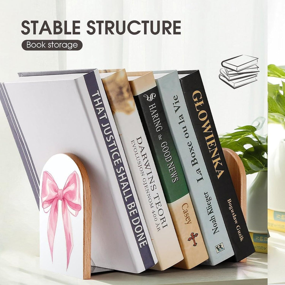 Pink Bow Wooden Bookends Shelves 2 PCS Simple Gouache Trendy Girl Sturdy Book Holders Desktop Organizer for Home Office Libraries