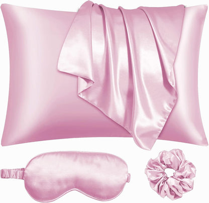 Pink Satin Pillowcase 2 Pack Standard Size with 1 Eye Mask 1 Scrunchie