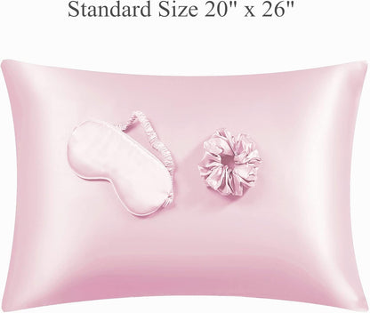 Pink Satin Pillowcase 2 Pack Standard Size with 1 Eye Mask 1 Scrunchie