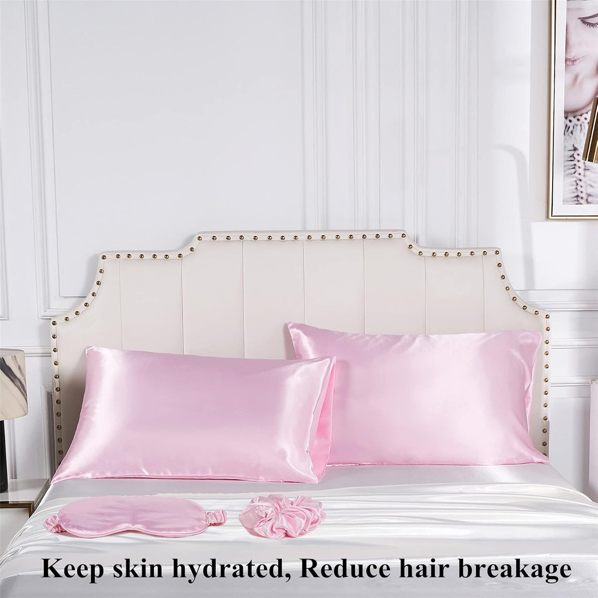 Pink Satin Pillowcase 2 Pack Standard Size with 1 Eye Mask 1 Scrunchie
