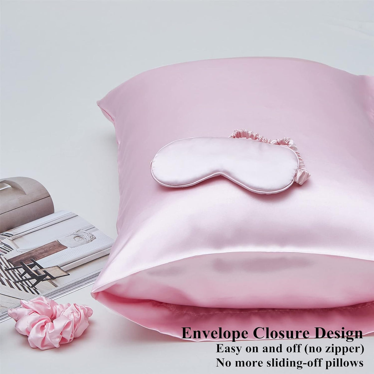 Pink Satin Pillowcase 2 Pack Standard Size with 1 Eye Mask 1 Scrunchie