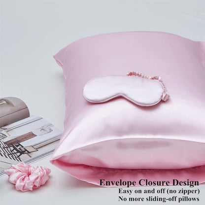 Pink Satin Pillowcase 2 Pack Standard Size with 1 Eye Mask 1 Scrunchie