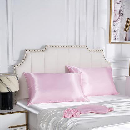 Pink Satin Pillowcase 2 Pack Standard Size with 1 Eye Mask 1 Scrunchie