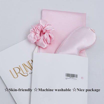 Pink Satin Pillowcase 2 Pack Standard Size with 1 Eye Mask 1 Scrunchie