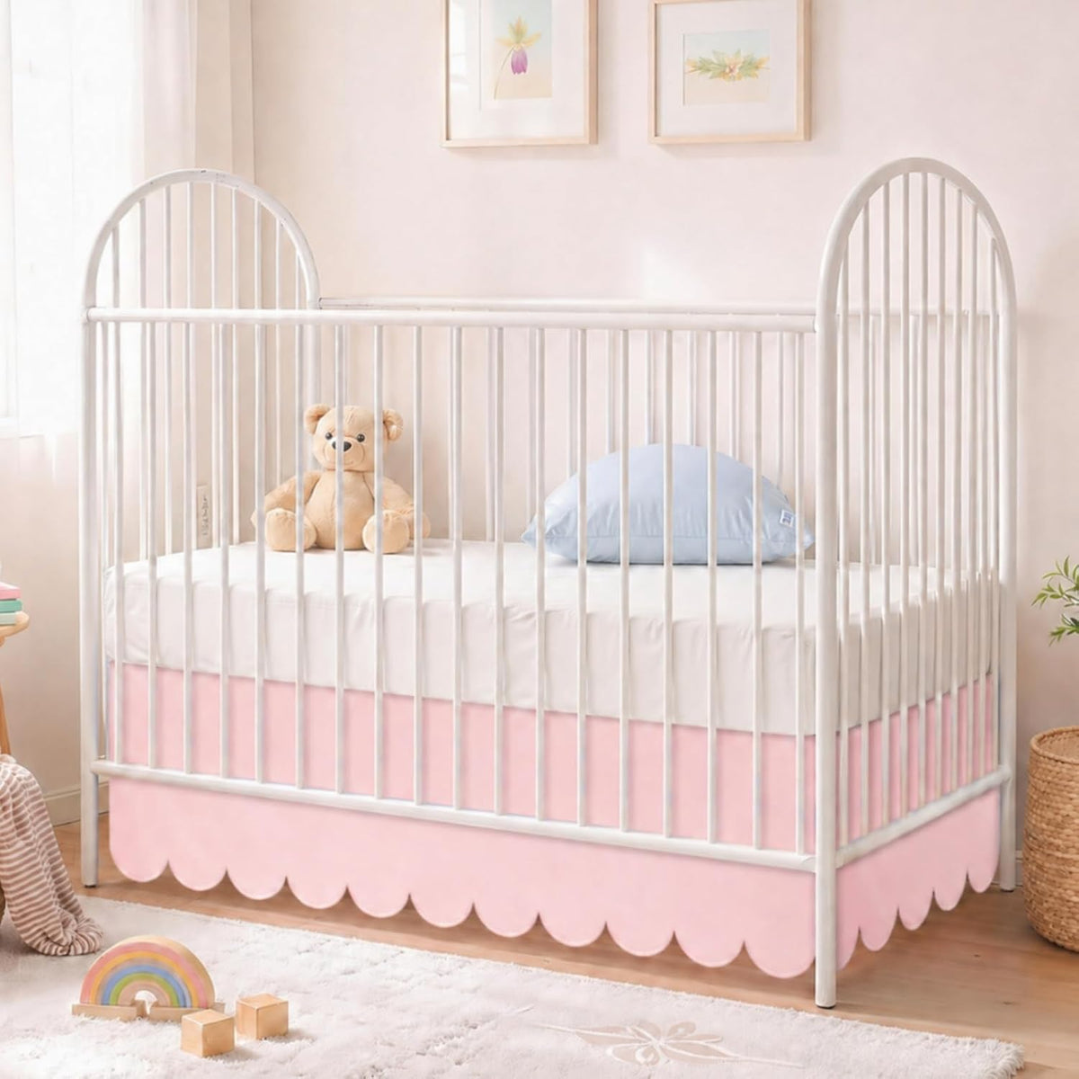 28 x 52 Inch Pink Scalloped Crib Skirt, 14 Inch Drop