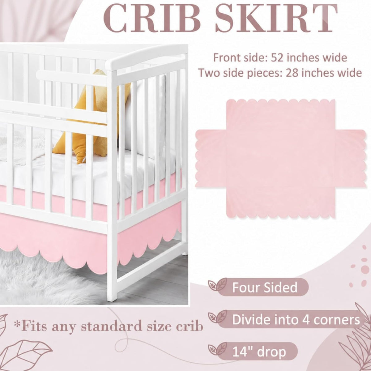 28 x 52 Inch Pink Scalloped Crib Skirt, 14 Inch Drop
