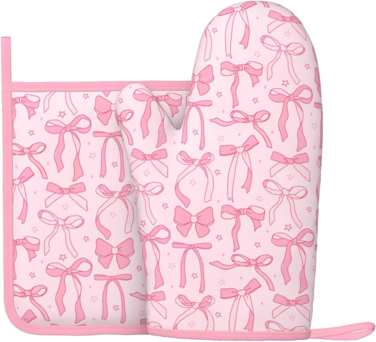 Pink Cute Ribbon Bow Silicone Oven Mitts Pan Mats Set of 2, Heat Resistant Gloves Potholder with Non-Slip Grips Hanging Loops Pot Holder, Spring Summer for Chef Cooking, Baking, Grilling, BBQ