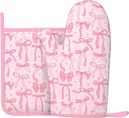 Pink Cute Ribbon Bow Silicone Oven Mitts Pan Mats Set of 2, Heat Resistant Gloves Potholder with Non-Slip Grips Hanging Loops Pot Holder, Spring Summer for Chef Cooking, Baking, Grilling, BBQ