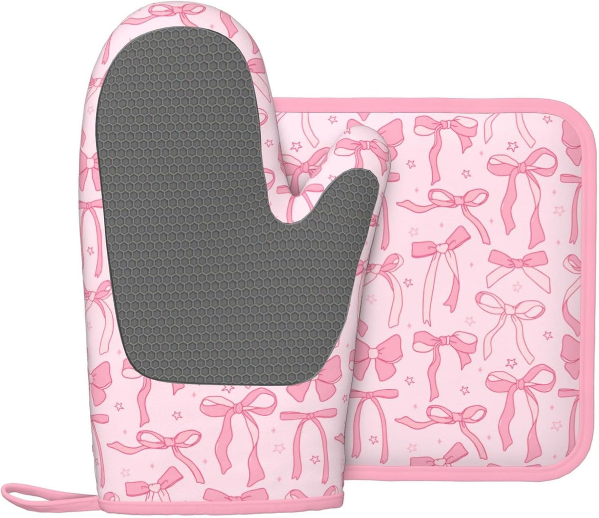 Pink Cute Ribbon Bow Silicone Oven Mitts Pan Mats Set of 2, Heat Resistant Gloves Potholder with Non-Slip Grips Hanging Loops Pot Holder, Spring Summer for Chef Cooking, Baking, Grilling, BBQ