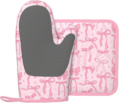 Pink Cute Ribbon Bow Silicone Oven Mitts Pan Mats Set of 2, Heat Resistant Gloves Potholder with Non-Slip Grips Hanging Loops Pot Holder, Spring Summer for Chef Cooking, Baking, Grilling, BBQ