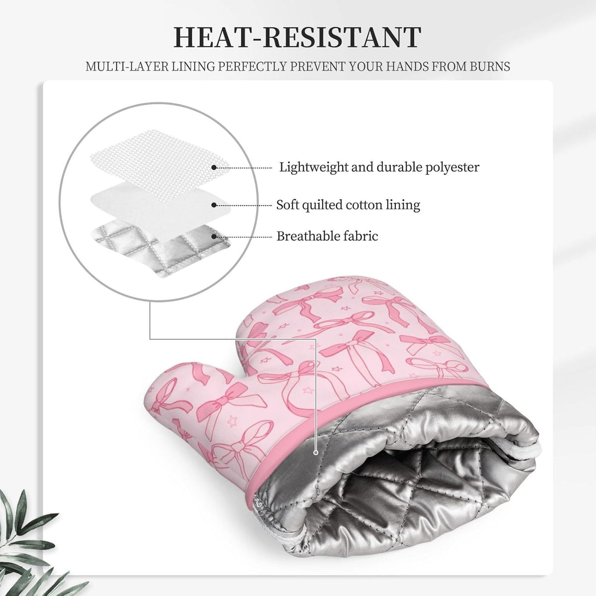 Pink Cute Ribbon Bow Silicone Oven Mitts Pan Mats Set of 2, Heat Resistant Gloves Potholder with Non-Slip Grips Hanging Loops Pot Holder, Spring Summer for Chef Cooking, Baking, Grilling, BBQ