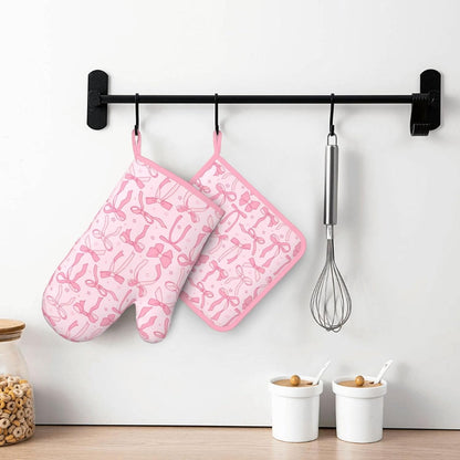 Pink Cute Ribbon Bow Silicone Oven Mitts Pan Mats Set of 2, Heat Resistant Gloves Potholder with Non-Slip Grips Hanging Loops Pot Holder, Spring Summer for Chef Cooking, Baking, Grilling, BBQ