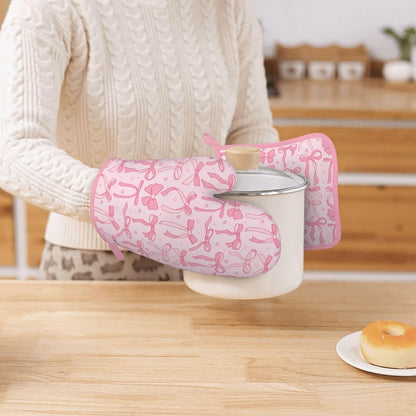 Pink Cute Ribbon Bow Silicone Oven Mitts Pan Mats Set of 2, Heat Resistant Gloves Potholder with Non-Slip Grips Hanging Loops Pot Holder, Spring Summer for Chef Cooking, Baking, Grilling, BBQ