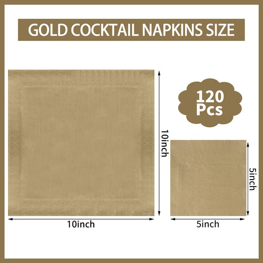 NatNarr 120 Pcs Cocktail Napkins Gold Napkins Disposable Dessert Beverage Napkin Gold Party Napkin for Wedding, Celebrate, Christmas, 5 x 5 Inch