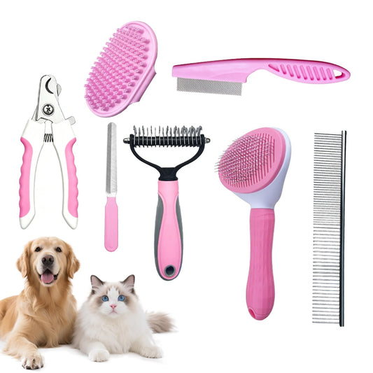 7PCS Dog Grooming Brush Kit for Shedding and Matted Fur, Self-Cleaning Slicker Brush with Undercoat Rake, Flea Comb for Long-Haired Pets, Pink