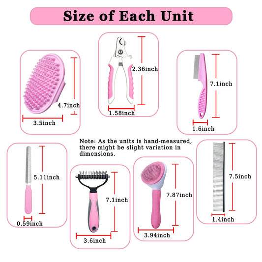 7PCS Dog Grooming Brush Kit for Shedding and Matted Fur, Self-Cleaning Slicker Brush with Undercoat Rake, Flea Comb for Long-Haired Pets, Pink