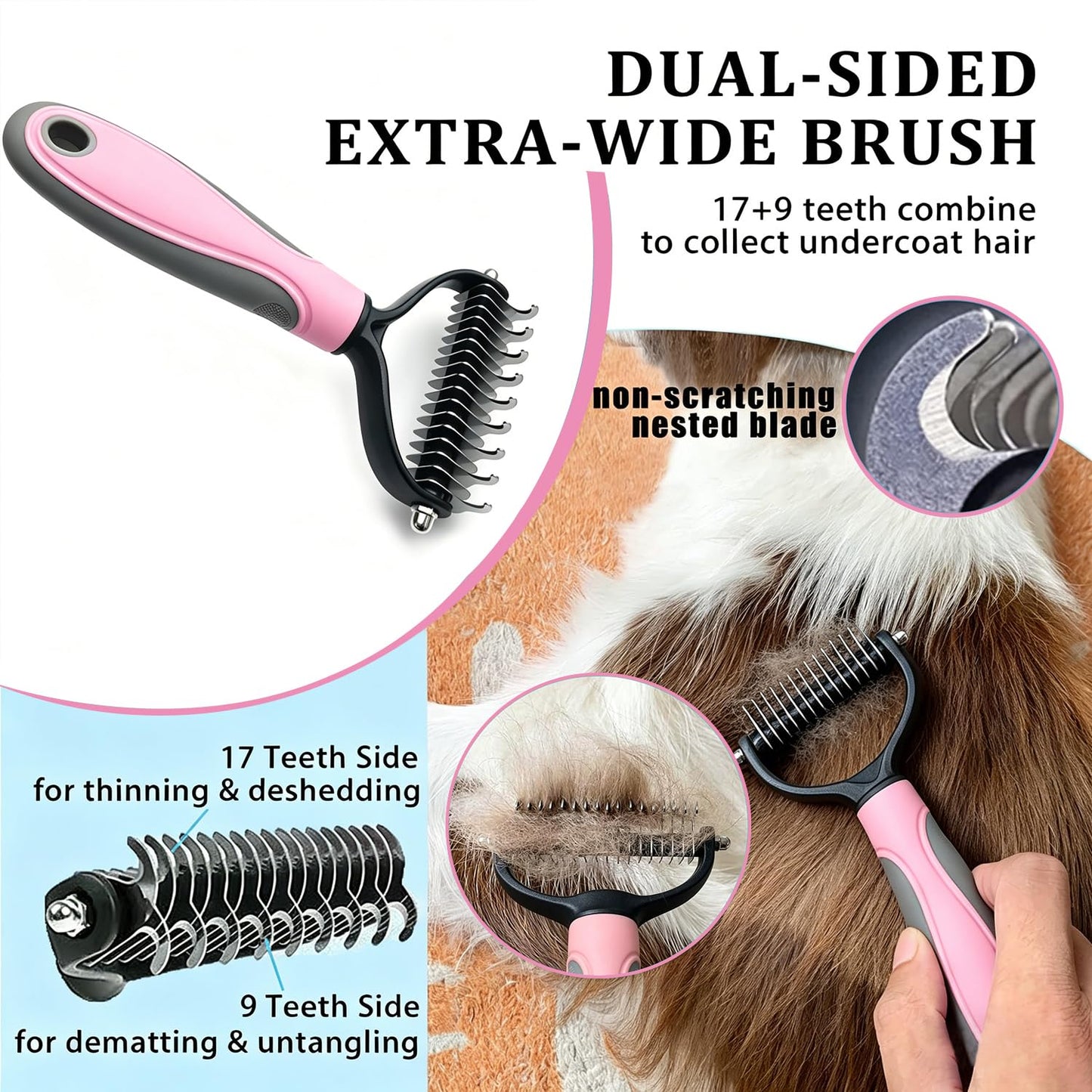 7PCS Dog Grooming Brush Kit for Shedding and Matted Fur, Self-Cleaning Slicker Brush with Undercoat Rake, Flea Comb for Long-Haired Pets, Pink