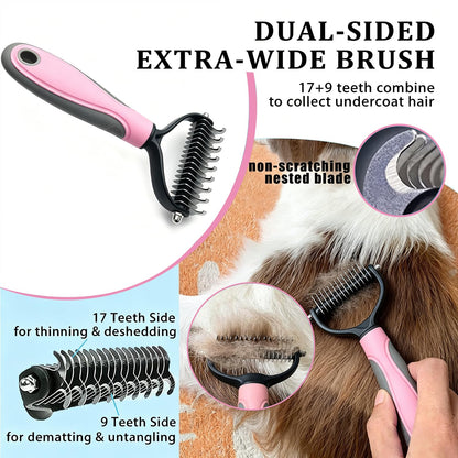 7PCS Dog Grooming Brush Kit for Shedding and Matted Fur, Self-Cleaning Slicker Brush with Undercoat Rake, Flea Comb for Long-Haired Pets, Pink