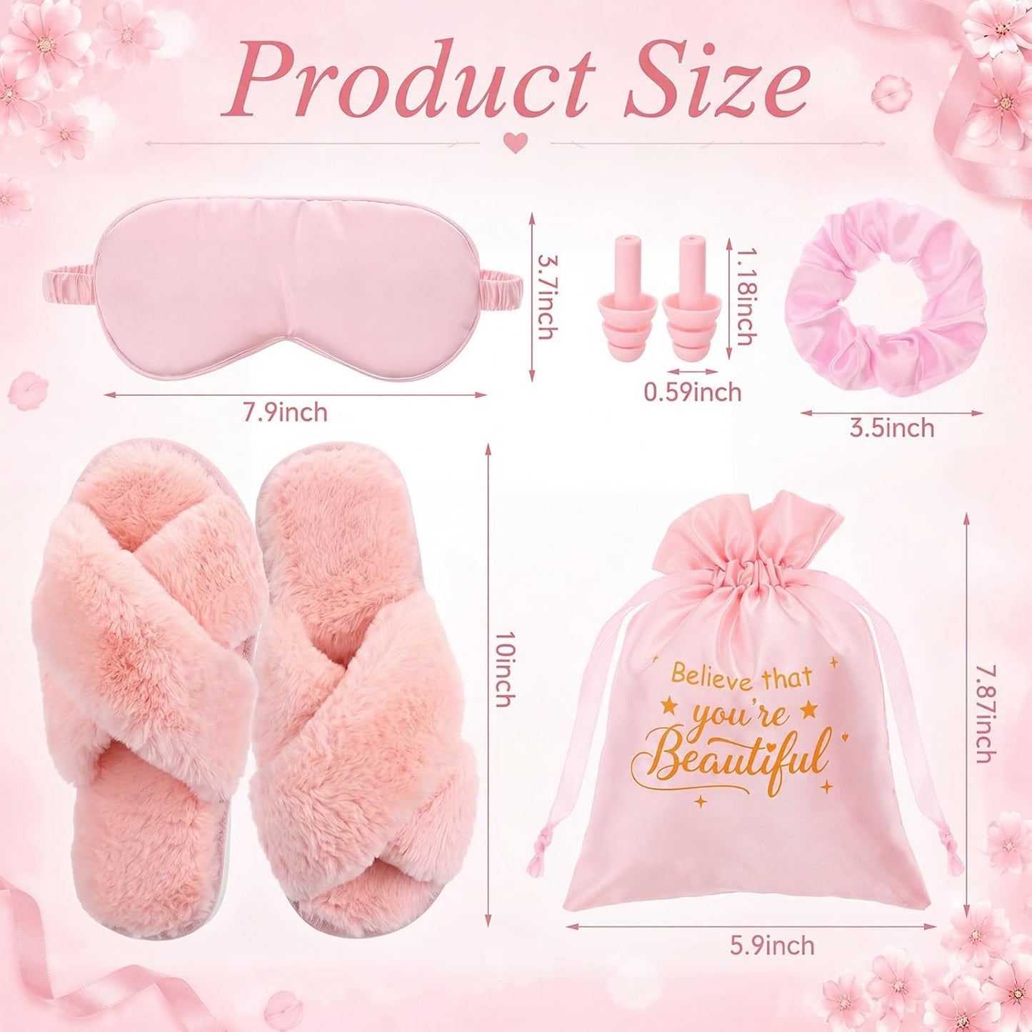 5 Pcs Pink Birthday Gifts for Women, Bridesmaid Bridal Shower Gifts Self Care Spa Gift Set, Fuzzy Slippers Satin Sleep Mask Hair Scrunchie, Earplugs and Drawstring Bag for Mom Wife Girlfriend