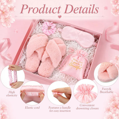 5 Pcs Pink Birthday Gifts for Women, Bridesmaid Bridal Shower Gifts Self Care Spa Gift Set, Fuzzy Slippers Satin Sleep Mask Hair Scrunchie, Earplugs and Drawstring Bag for Mom Wife Girlfriend