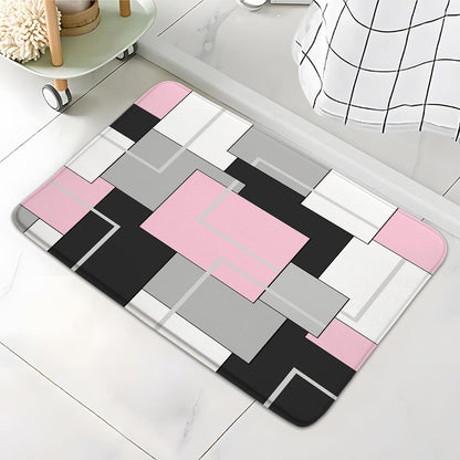 Bathroom Rugs Abstract Geometric Gray Black and White Geometry Mid Century Patchwork Contemporary Fashion Simple Home Pink Bath Mat Bedroom Kitchen Toilet Floor Doormat 24x47