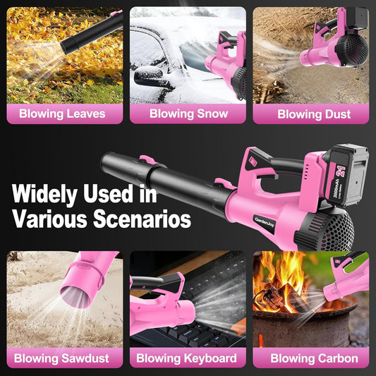 Leaf Blower Cordless, 21V 500CFM 2x3.0Ah Batteries, 6 Speed Modes, Pink