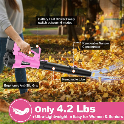 Leaf Blower Cordless, 21V 500CFM 2x3.0Ah Batteries, 6 Speed Modes, Pink