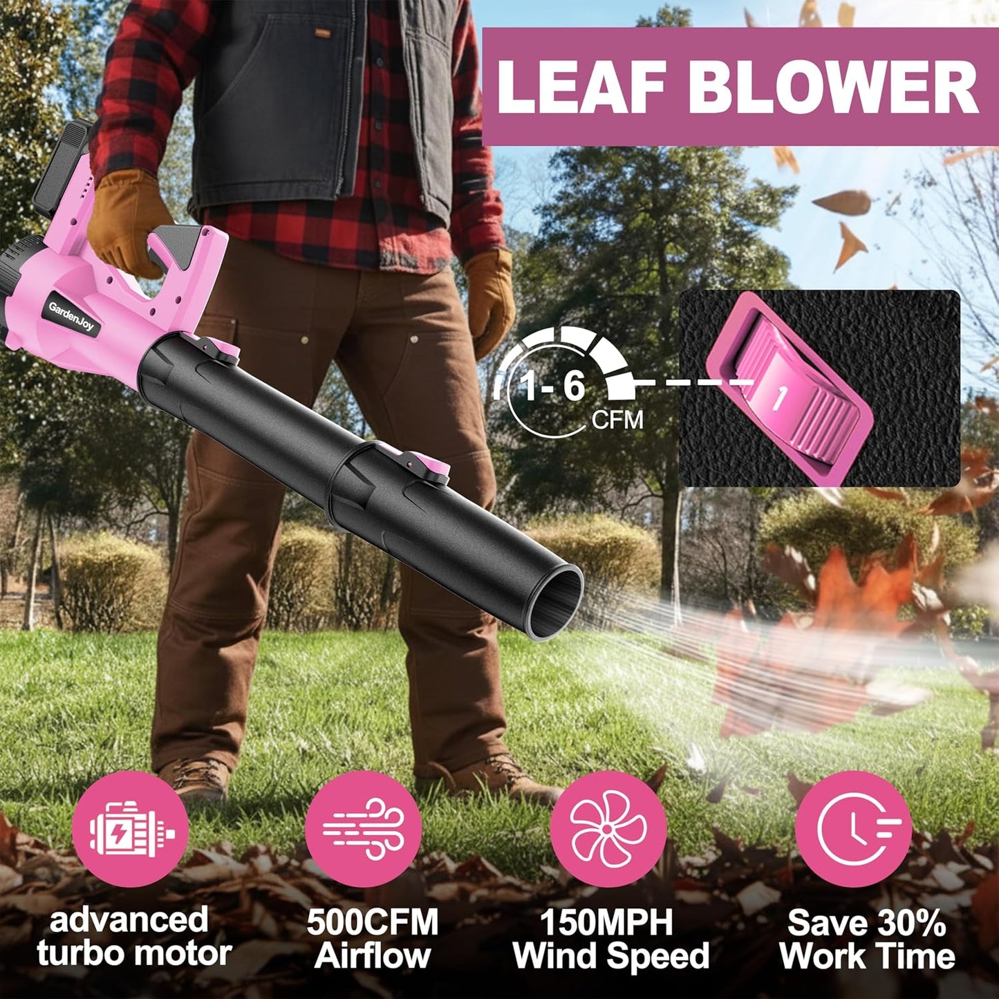 Leaf Blower Cordless, 21V 500CFM 2x3.0Ah Batteries, 6 Speed Modes, Pink