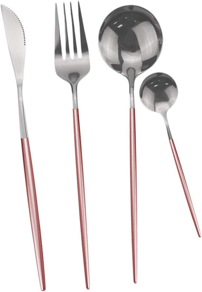 24-Piece Flatware Set, 18/0 Stainless Steel Knife Fork Spoon Teaspoon Silverware Set, Service for 6, Pink Handle Silver