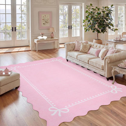 Scalloped Bow Rug for Living Room Washable Solid Pink 6x9 Area Rugs