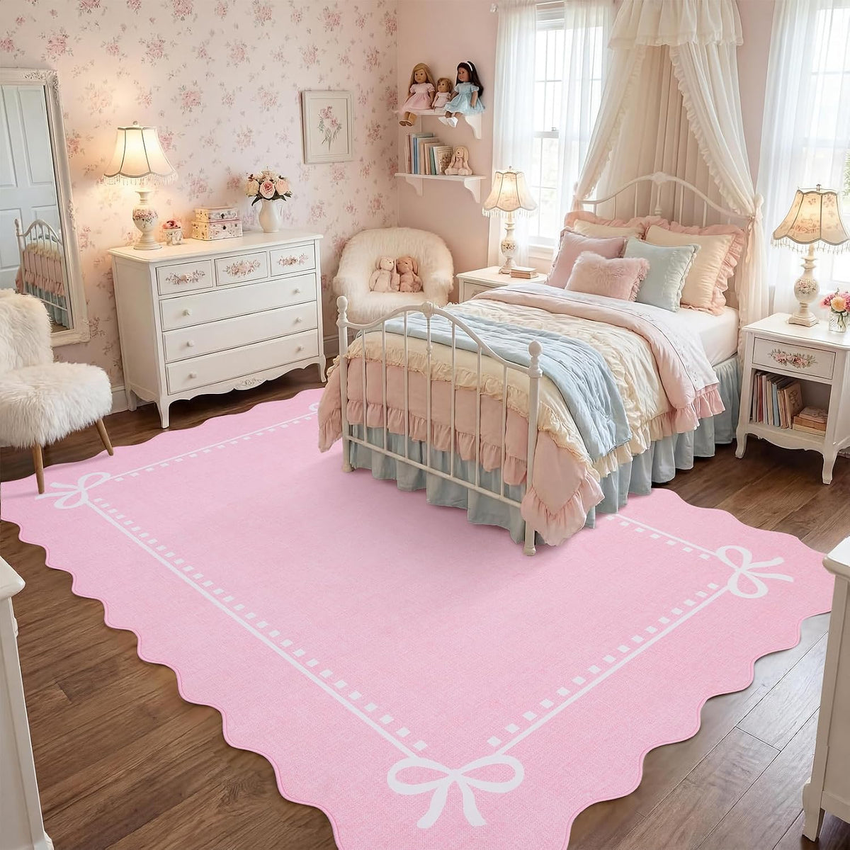 Scalloped Bow Rug for Living Room Washable Solid Pink 6x9 Area Rugs